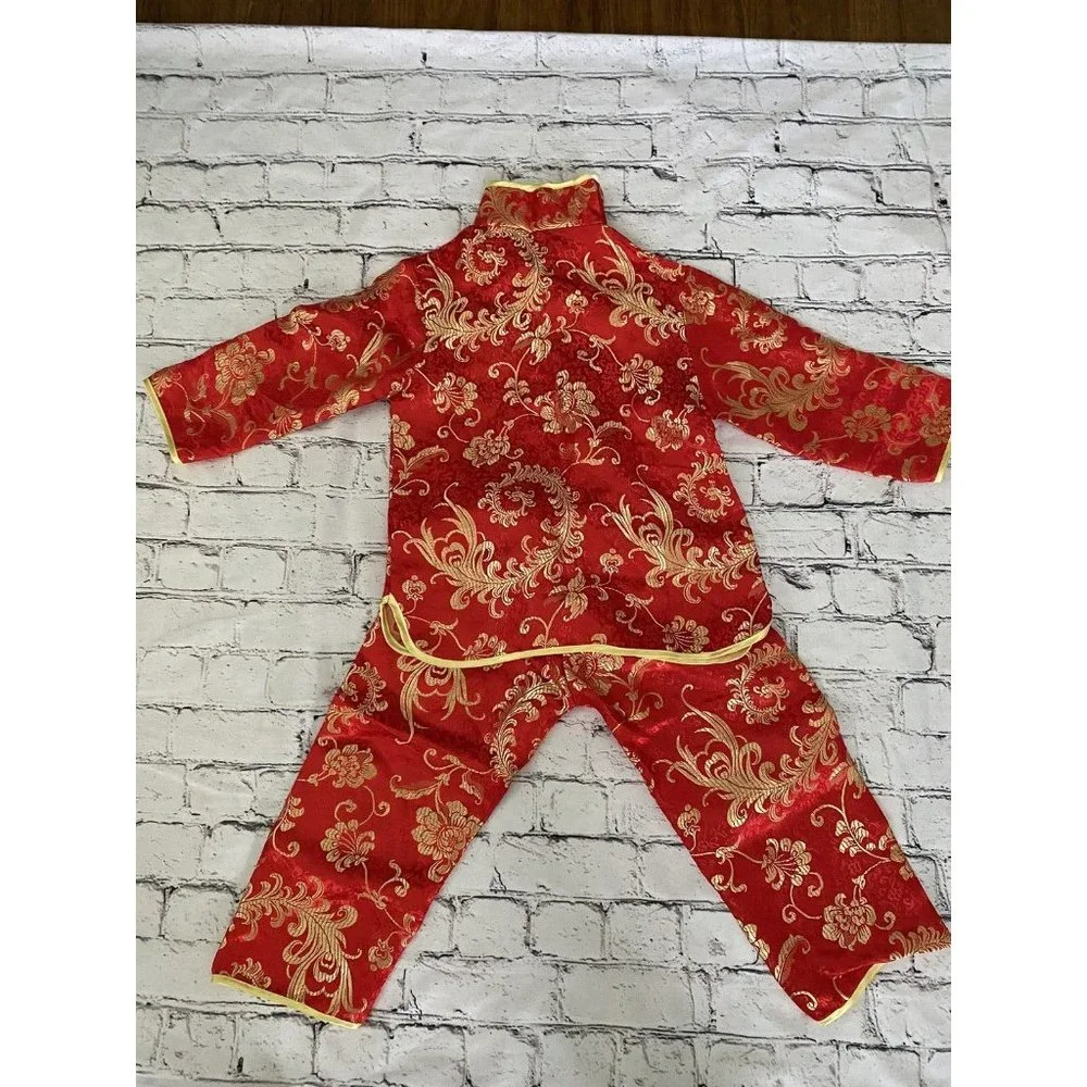 Chinese New Year Baby Boy Girl Shirt Pants Set Red Satin Outfit Size M Kids NWOT